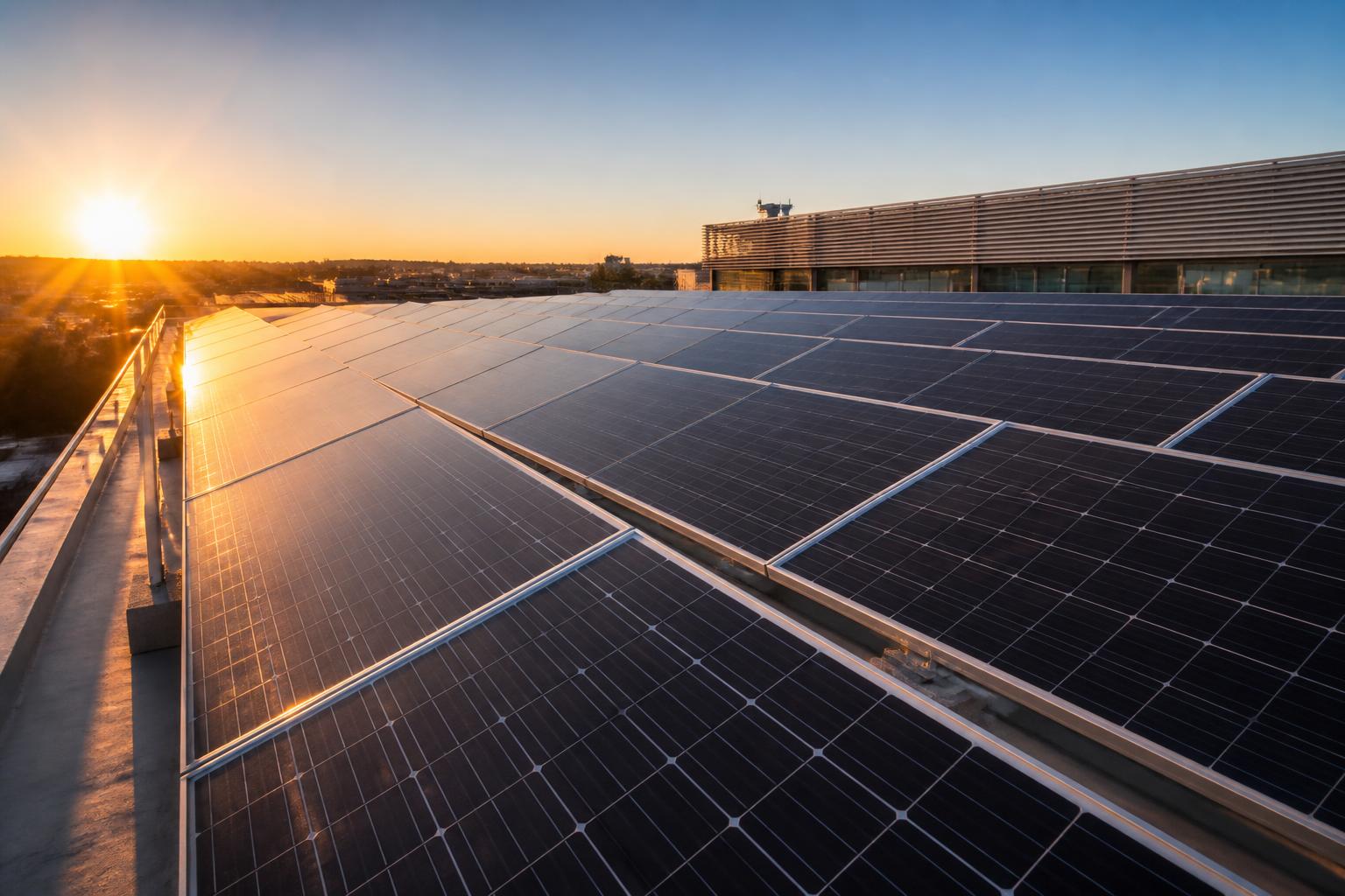 Painéis solares instalados em telhado ao pôr do sol